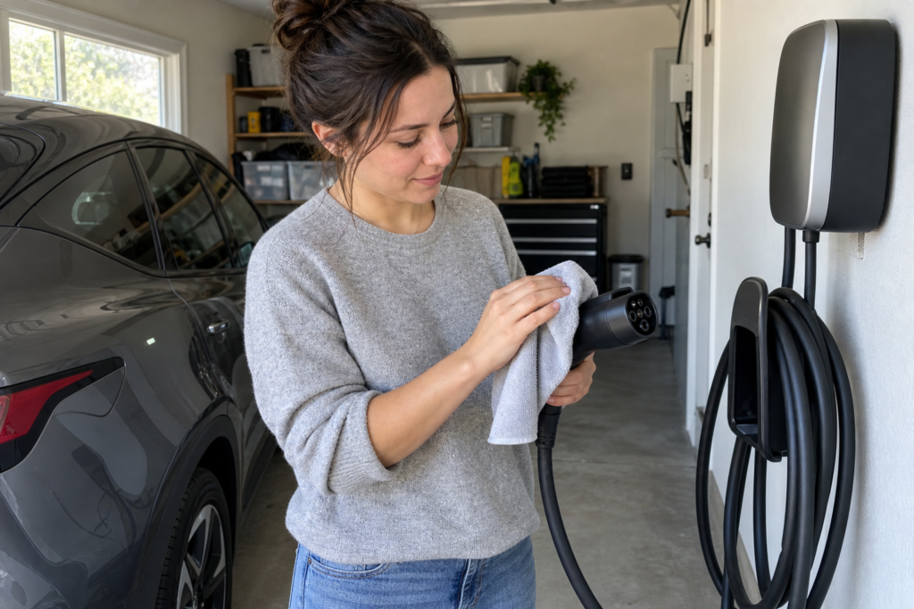 Homeowner gently wiping a disconnected EV charging connector beside a wall-mounted charger in a garage
