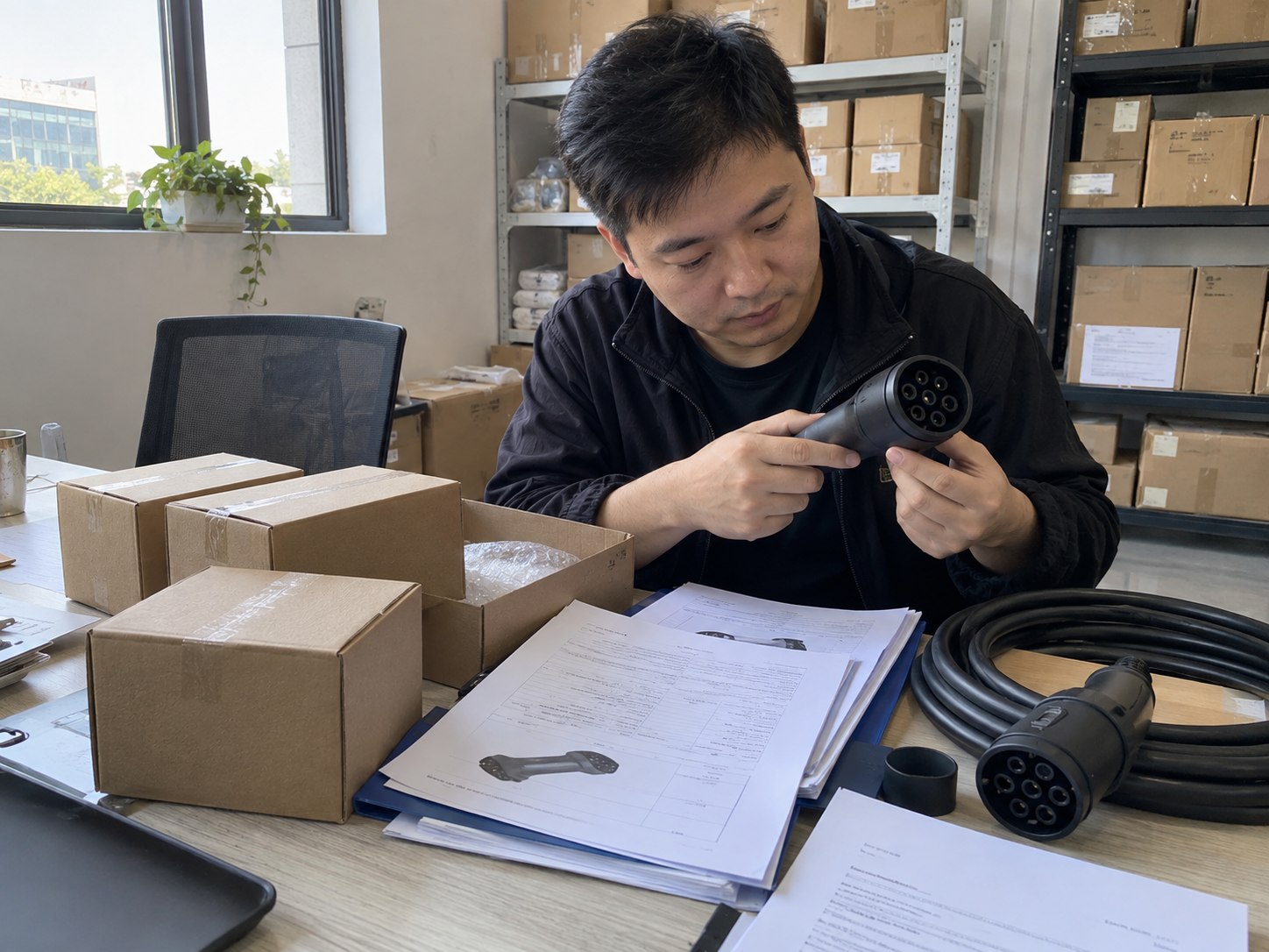 EV Charging Accessories Certifications and Test Documents: Buyer Checklist 2 Buyer matching an EV charging accessory sample, carton label, test report folder, and declaration paperwork in a warehouse office