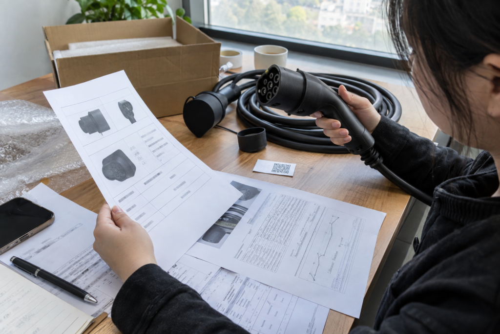 Buyer reviewing an EV charging cable, connector, test report, datasheet, and product label at a workbench