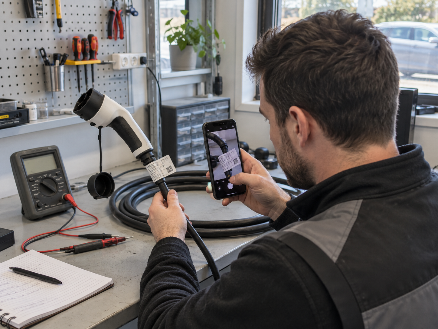 EV Charging Accessories Certifications and Test Documents: Buyer Checklist 1 Quality technician photographing an EV charging cable label and connector beside an electrical test bench