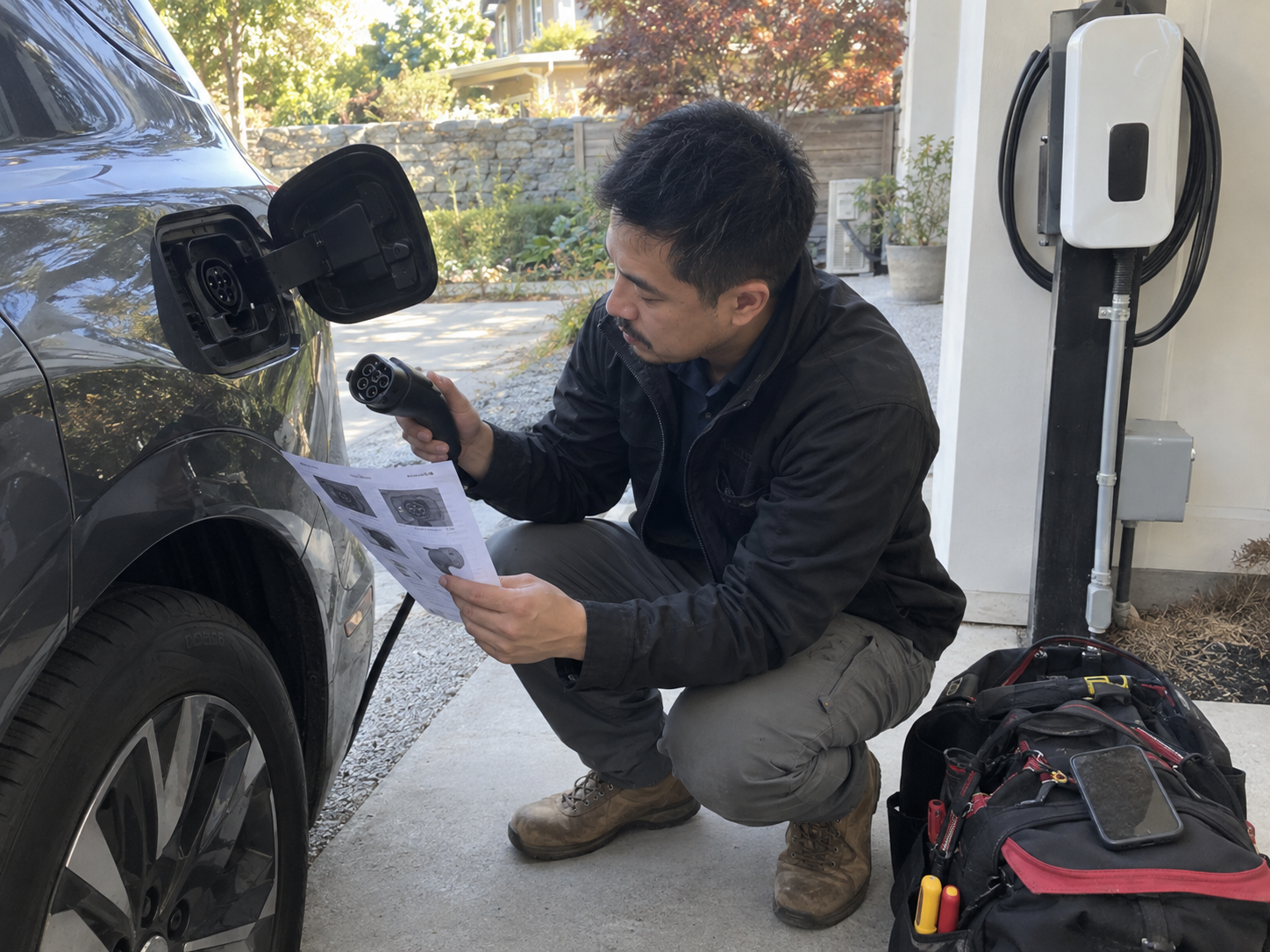 EV Charging Accessories Compatibility Checklist: Vehicle, Connector, and Market Fit 2 EV installer checking a vehicle inlet, cable connector, and fitment sheet beside a charging station