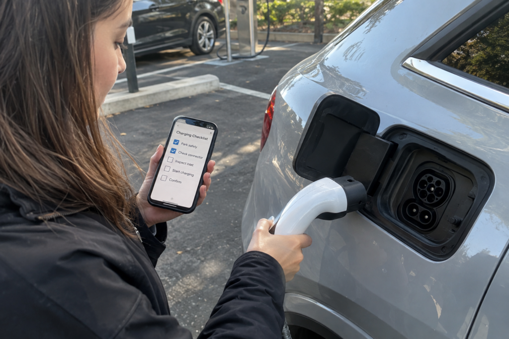 EV owner checking a charging connector against a vehicle inlet with a phone checklist in a parking area