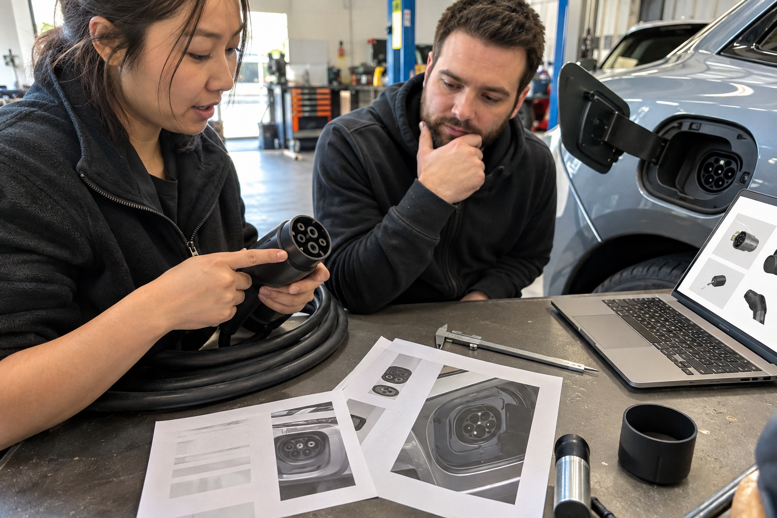 EV Charging Accessories Distributor Onboarding Checklist 1 Distributor sales trainer comparing an EV charging connector with a vehicle inlet, fitment sheet, specification pages, and calipers in a service showroom