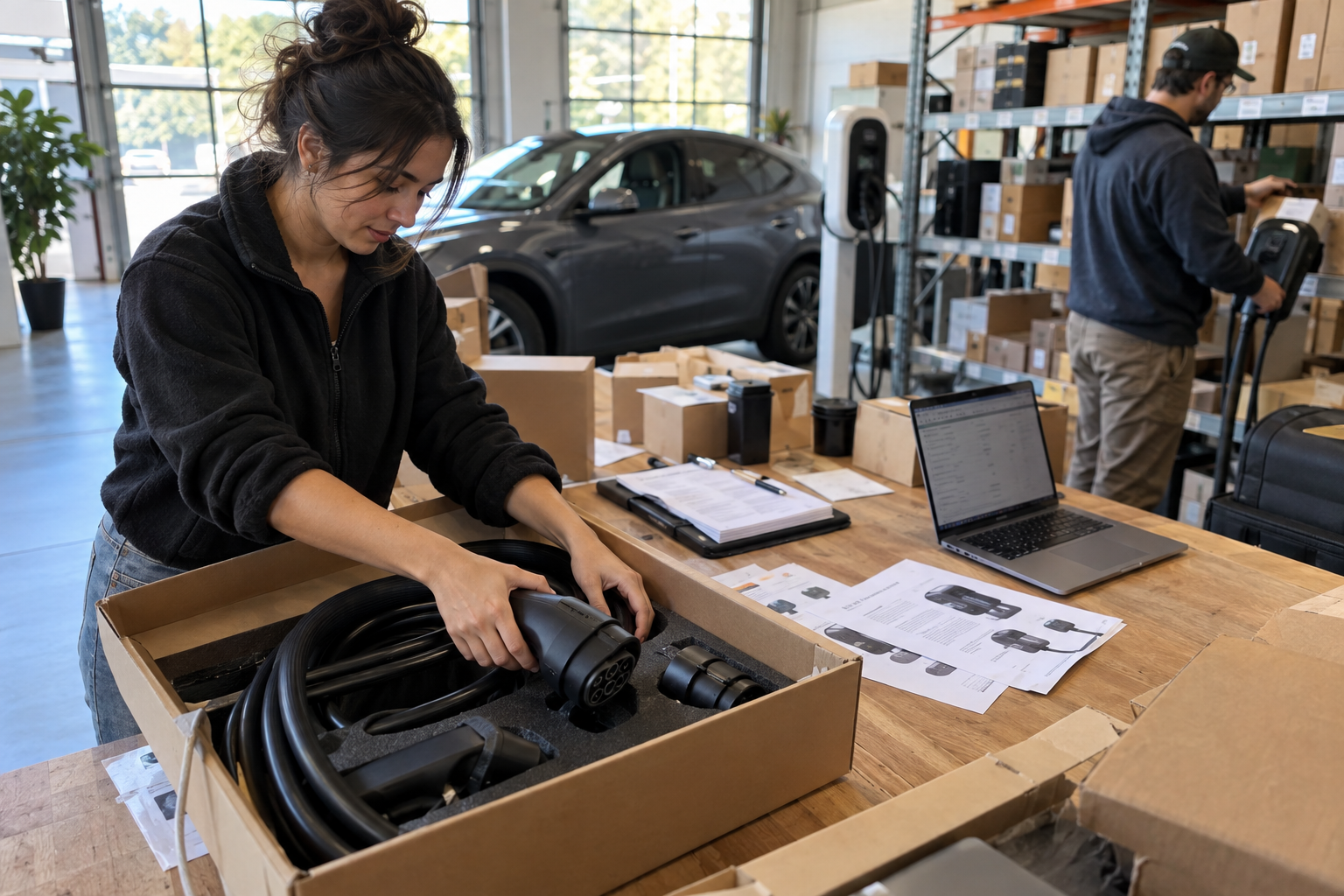 EV Charging Accessories Distributor Onboarding Checklist 2 Distributor team organizing an EV charging accessory sample kit, demo cable, cartons, sales materials, and inventory notes in a warehouse showroom