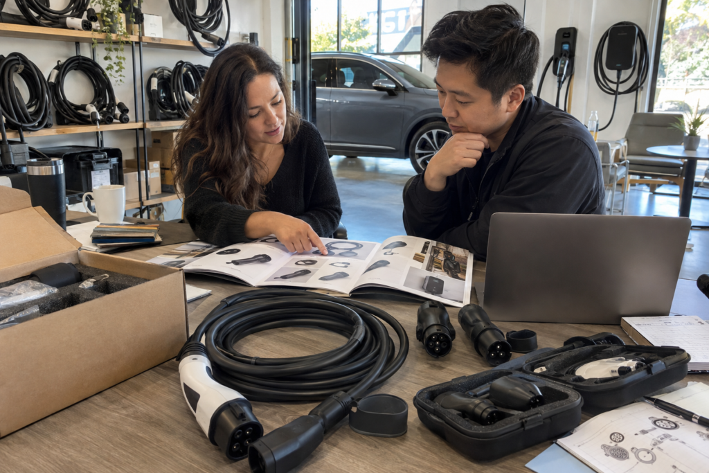 Distributor sales manager and supplier representative reviewing EV charging cable samples, a product catalog, fitment notes, and a launch kit in a showroom workshop
