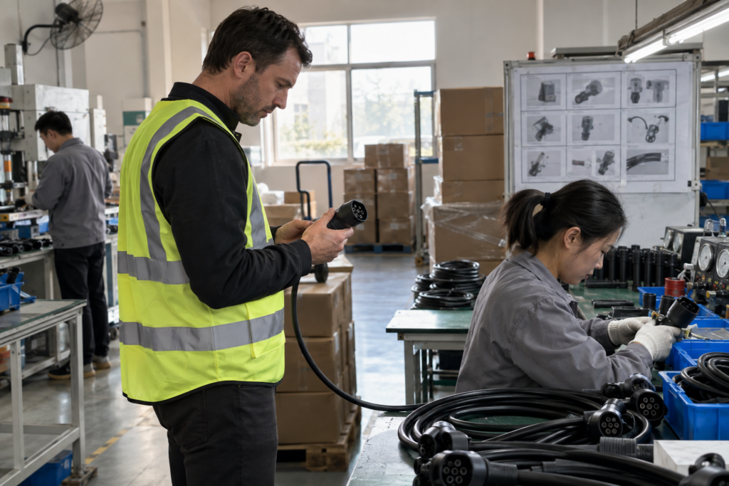 Buyer inspecting EV charging cable production with a factory manager, connector components, cartons, and process equipment
