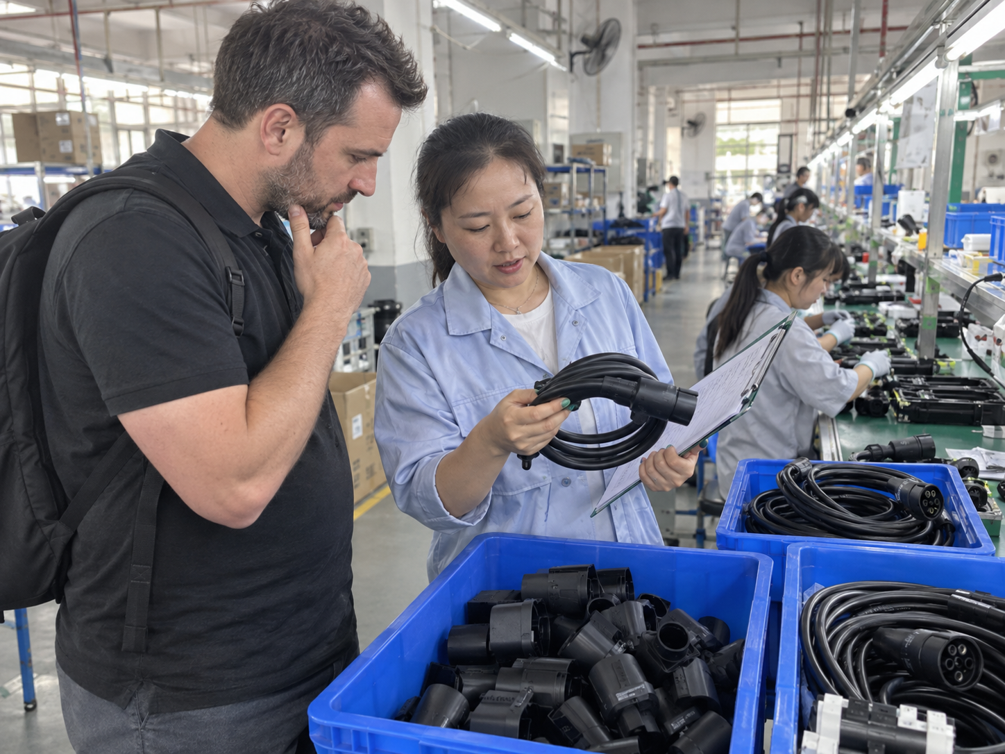 Buyer and factory quality manager walking an EV charging cable assembly line with a sample and audit clipboard
