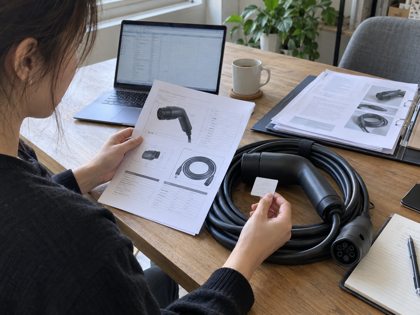 EV Charging Accessories Product Specification Sheet: What Buyers Need to Verify 2 Buyer matching an EV charging specification sheet, test document, label, and cable sample on an office table