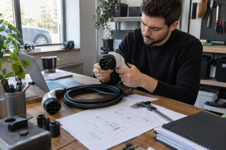 Technical buyer reviewing an EV charging product specification with a cable sample, drawing, calipers, and revision folder