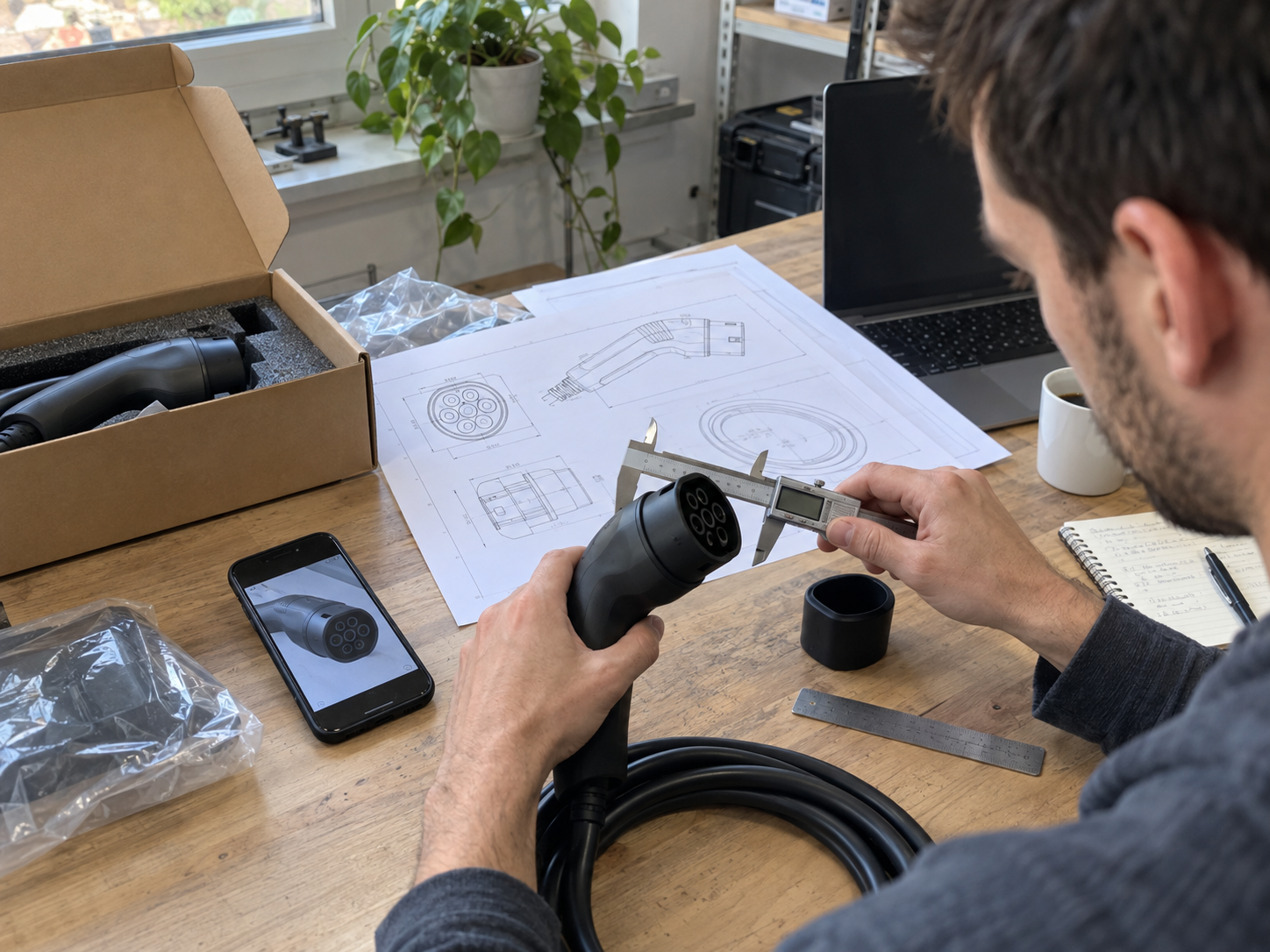 EV Charging Accessories Product Specification Sheet: What Buyers Need to Verify 1 Technical buyer measuring an EV charging connector with calipers beside a product drawing and cable sample