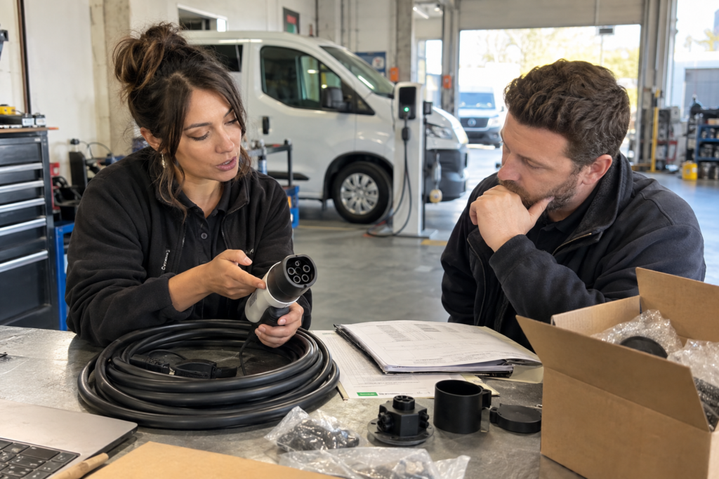Fleet operations manager and supplier service representative reviewing an EV charging cable warranty case with a connector, service folder, replacement carton, and electric van in a garage