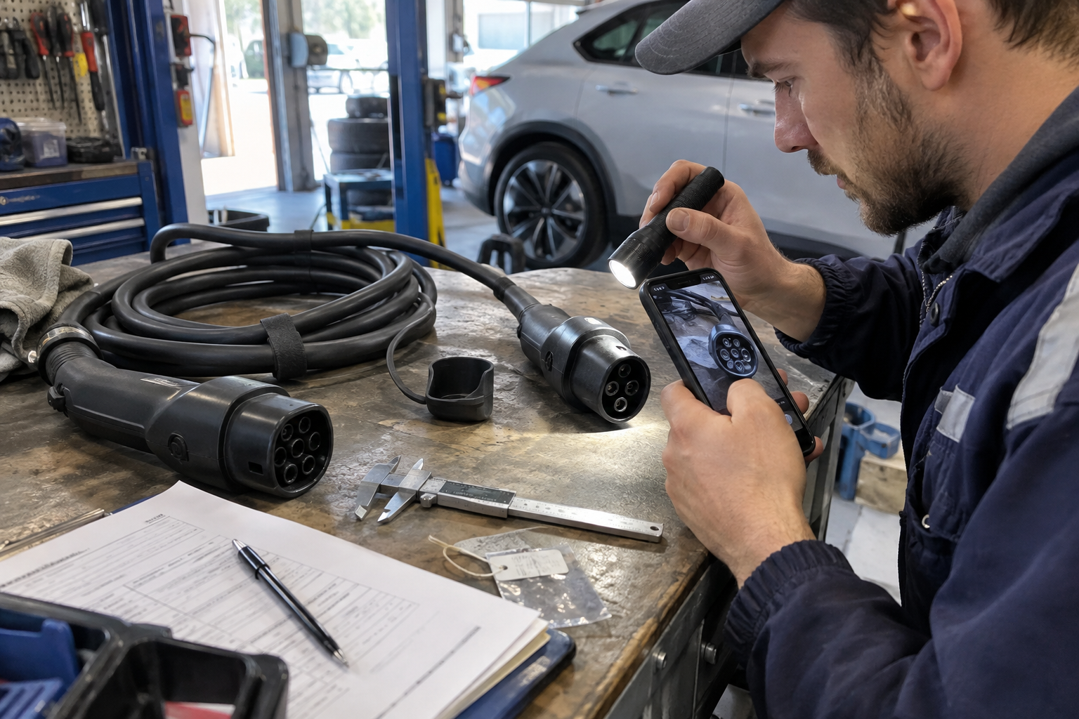 EV Charging Accessories Warranty and After-Sales Requirements 1 Technician documenting an EV charging cable warranty claim with a flashlight, smartphone, caliper, claim form, and batch tag at a garage workbench