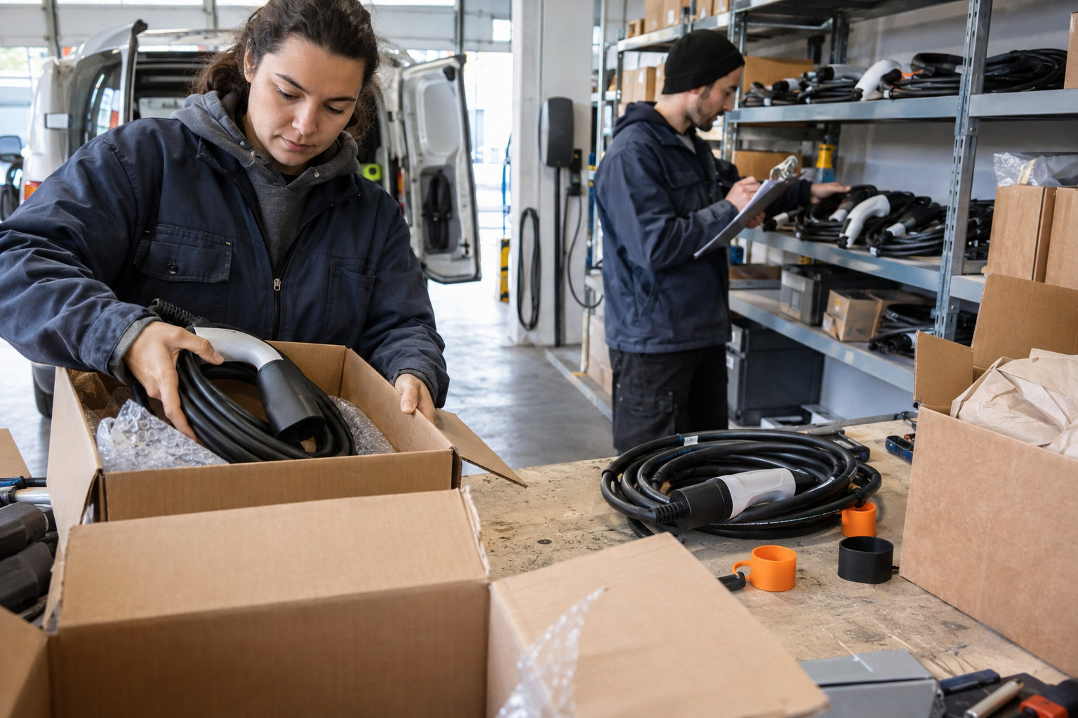 EV Charging Accessories Warranty and After-Sales Requirements 2 EV fleet service team packing a replacement charging cable while checking spare stock, return cartons, and a service checklist in a warehouse garage