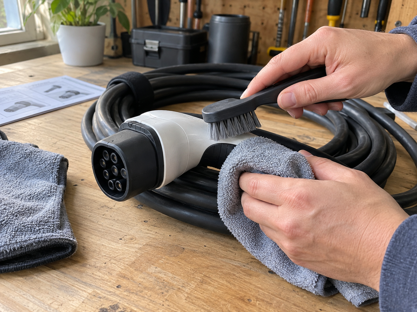 How to Clean and Care for EV Charging Accessories Safely 1 Disconnected EV charging cable being cleaned with a lint-free cloth and soft dry brush on a garage workbench