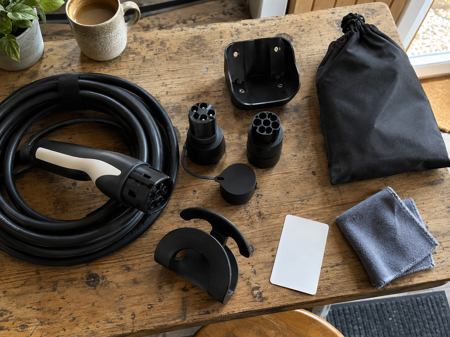 EV Charging Accessories by Function: Connect, Protect, Store, Mount, and Maintain 1 EV charging cable, connector cap, holder, adapter, and mounting bracket arranged on a workbench