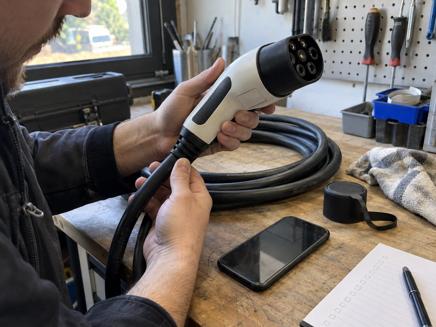 EV Charging Accessories by Function: Connect, Protect, Store, Mount, and Maintain 3 Hands inspecting an EV charging connector, cable jacket, and accessory labels
