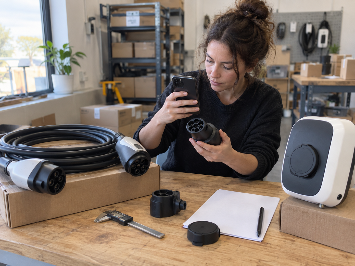 EV Charging Amps, Volts, and Kilowatts Explained for Accessory Buyers 2 Purchasing manager comparing EV charging cables, adapters, and wallbox samples with a phone and caliper