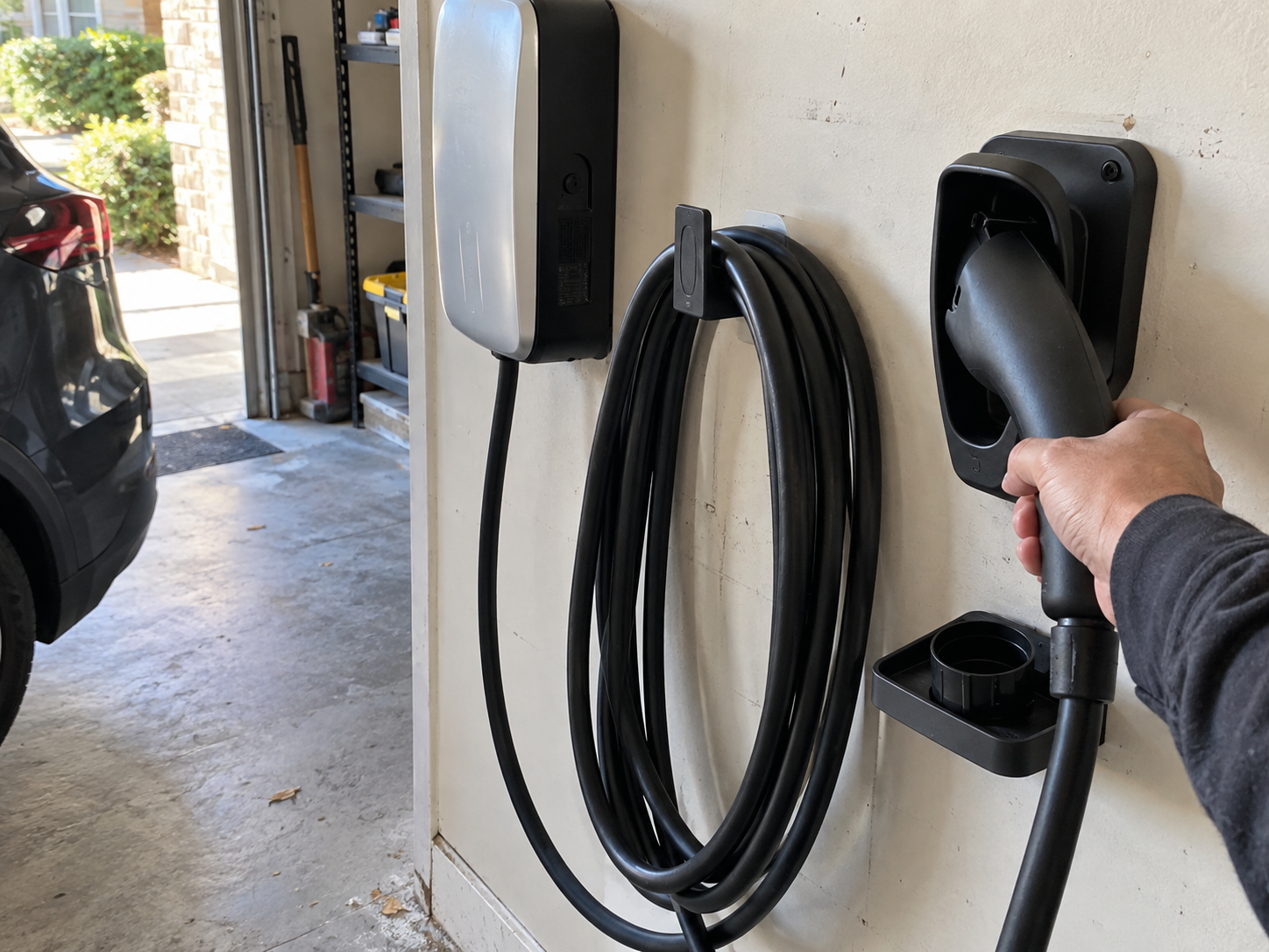 EV Charging Accessories by Function: Connect, Protect, Store, Mount, and Maintain 2 EV charging cable stored on a wall holder beside a home charger