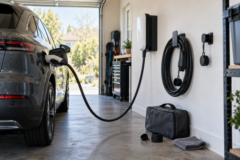 Accesorios de carga para VE colocados junto a un vehículo eléctrico en un garaje doméstico