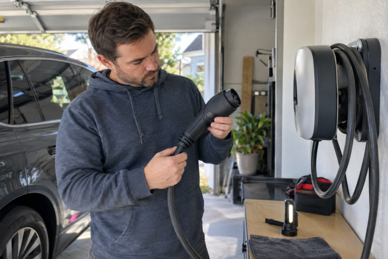 Owner inspecting a disconnected EV charging connector and cable beside a wall-mounted charger in a garage