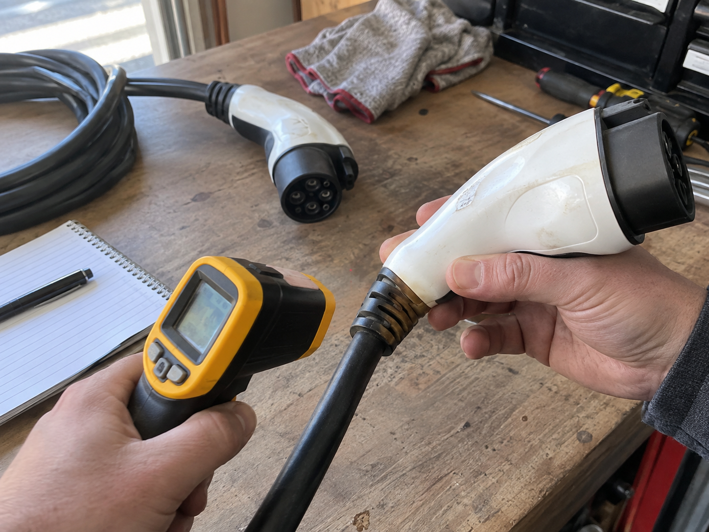 EV Charging Accessory Warning Signs: Heat, Damage, Moisture, and Poor Fit 1 Technician checking a heat-discolored EV charging connector and cable with a handheld infrared thermometer on a workbench