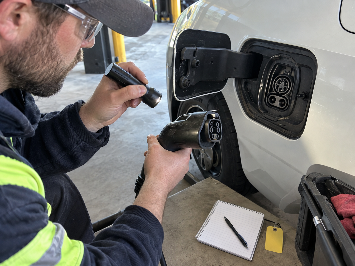 EV Charging Accessory Warning Signs: Heat, Damage, Moisture, and Poor Fit 3 Technician comparing a disconnected EV charging connector with a vehicle inlet to document a loose or poor fit before replacement