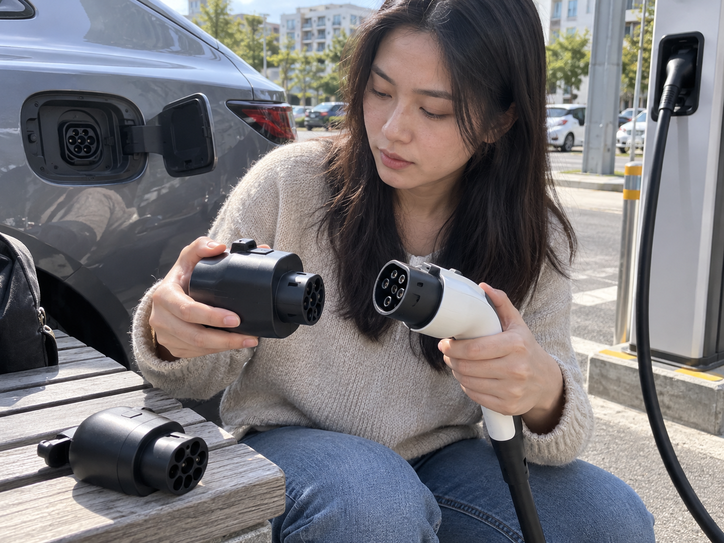 EV Charging Adapters: Compatibility Matrix, Ratings, and Safe Use 1 Hands comparing two unbranded EV charging adapters and connector ends beside a vehicle inlet at a public charger