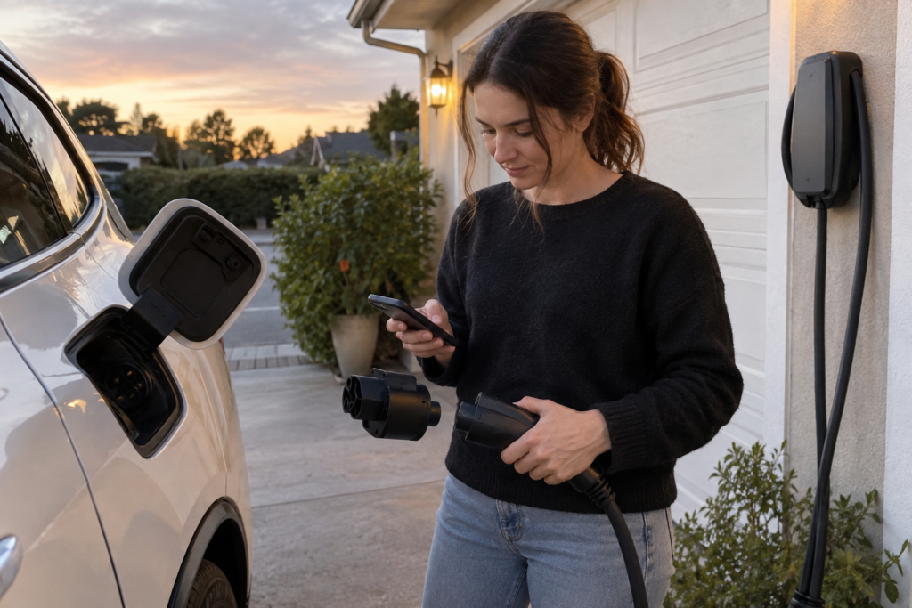 EV driver checking an unbranded charging adapter between a cable and vehicle inlet at a home charger