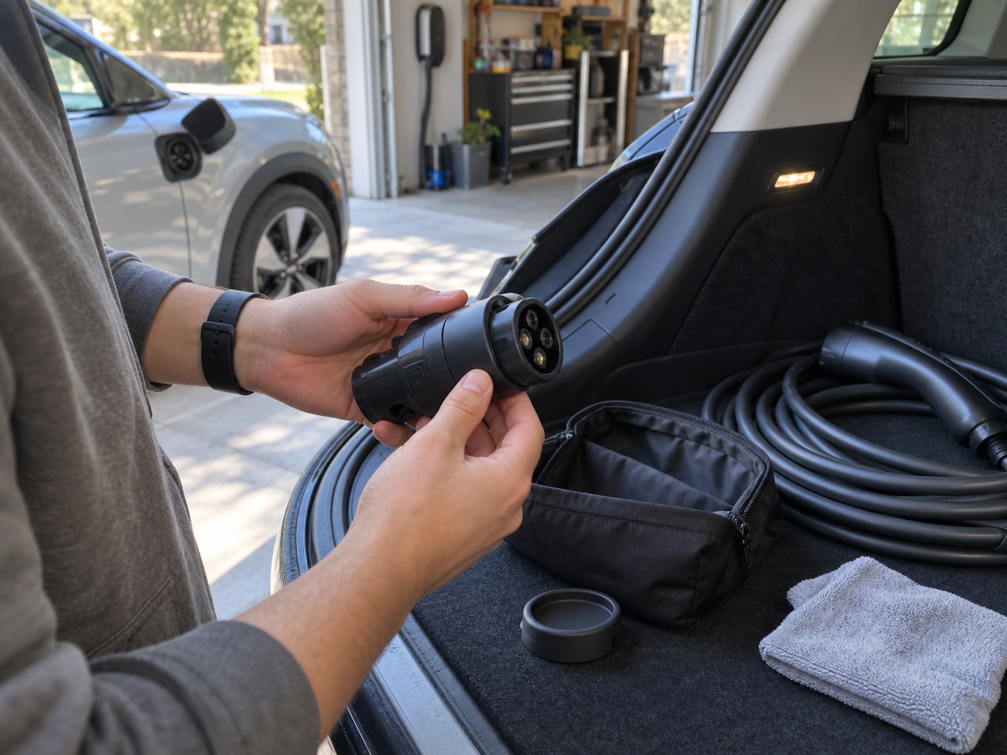 EV Charging Adapters: Compatibility Matrix, Ratings, and Safe Use 2 EV driver checking an adapter for damage before storing it with a charging cable in a car trunk