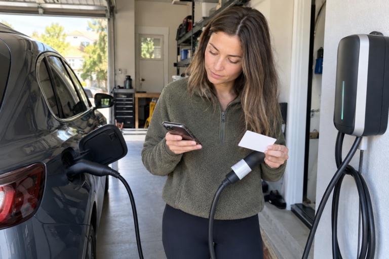 EV owner comparing a charging cable label with a phone beside a home wallbox and electric vehicle