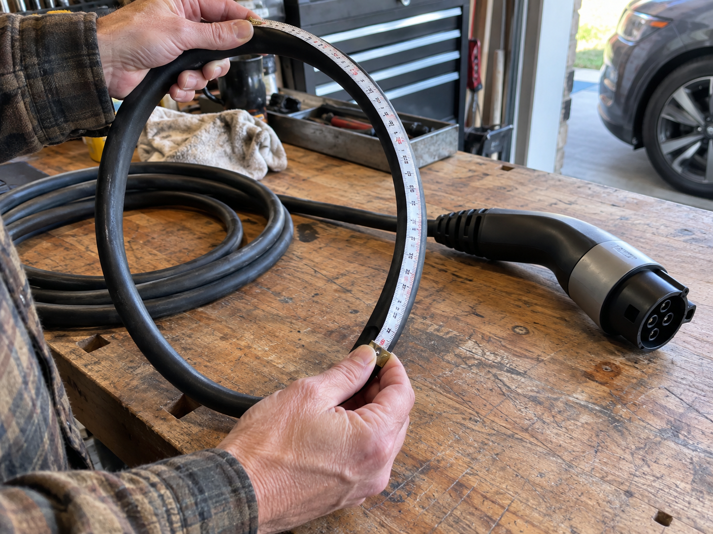 EV Charging Cable Bend Radius and Strain Relief: The Basics 1 Installer measuring the curve of an EV charging cable beside its connector and strain-relief boot