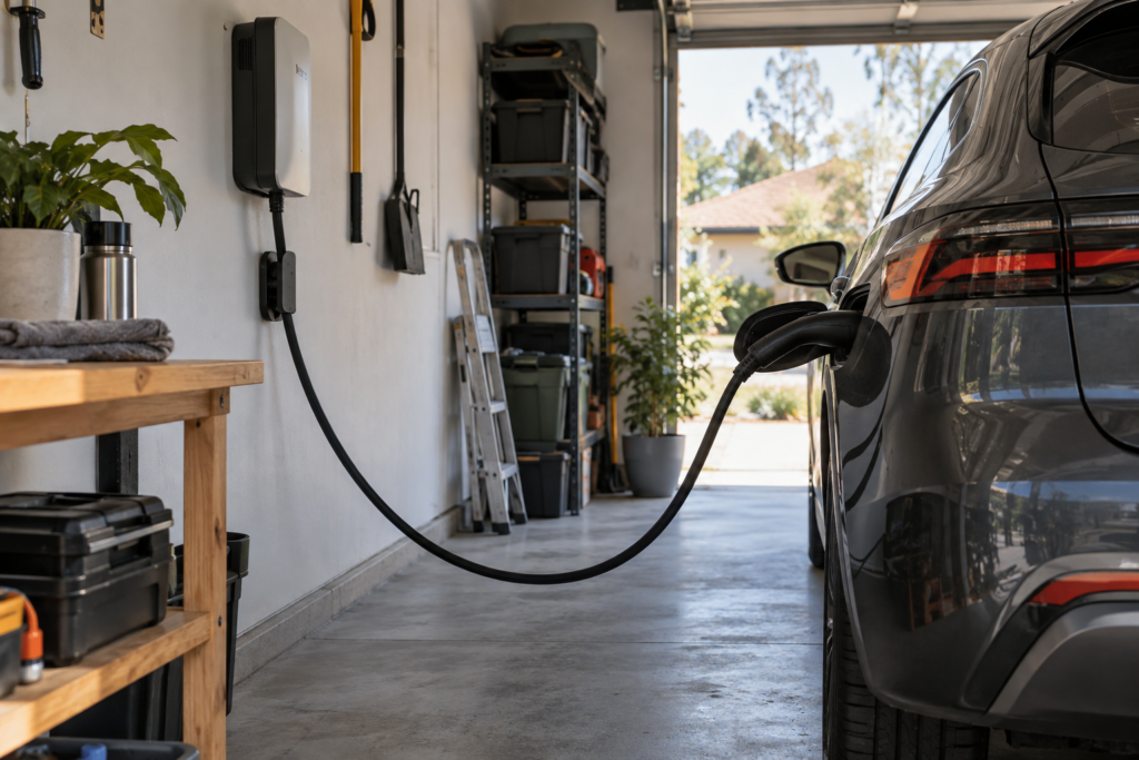 EV charging cable routed in a smooth curve between a wallbox and an electric vehicle in a home garage