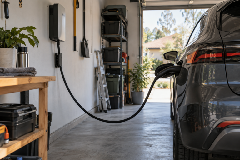 EV charging cable routed in a smooth curve between a wallbox and an electric vehicle in a home garage