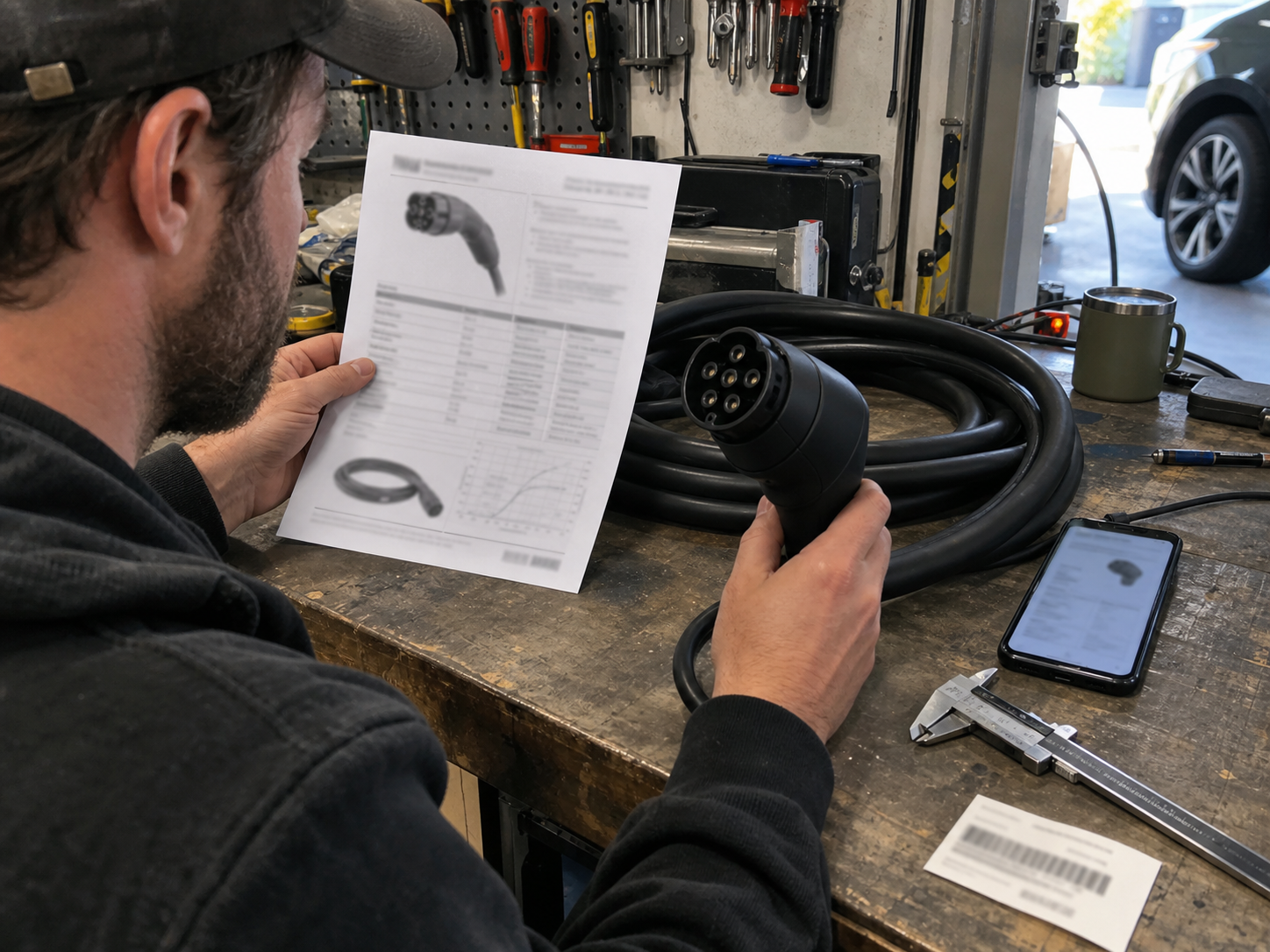 EV Charging Cable Markings Explained: How to Read Ratings, Labels, and Datasheets 2 Installer comparing an EV charging cable connector with a blurred datasheet
