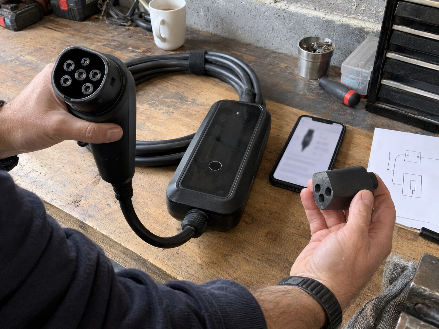 EV Charging Cable vs EV Charger vs Charging Station: What Is the Difference? 3 Installer comparing an EV charging cable, EVSE control box, adapter, and blurred specification sheet