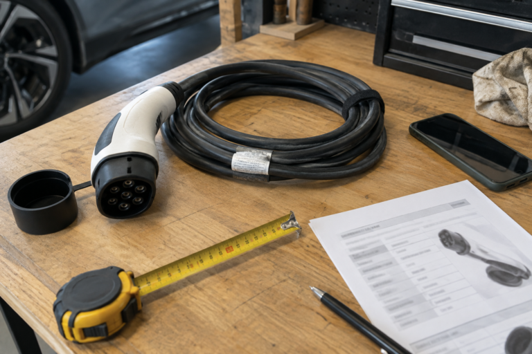 EV charging cable with connector and datasheet on a workshop bench