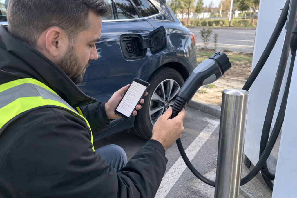 Field inspector checking an EV charging cable and connector beside an electric vehicle and charging station