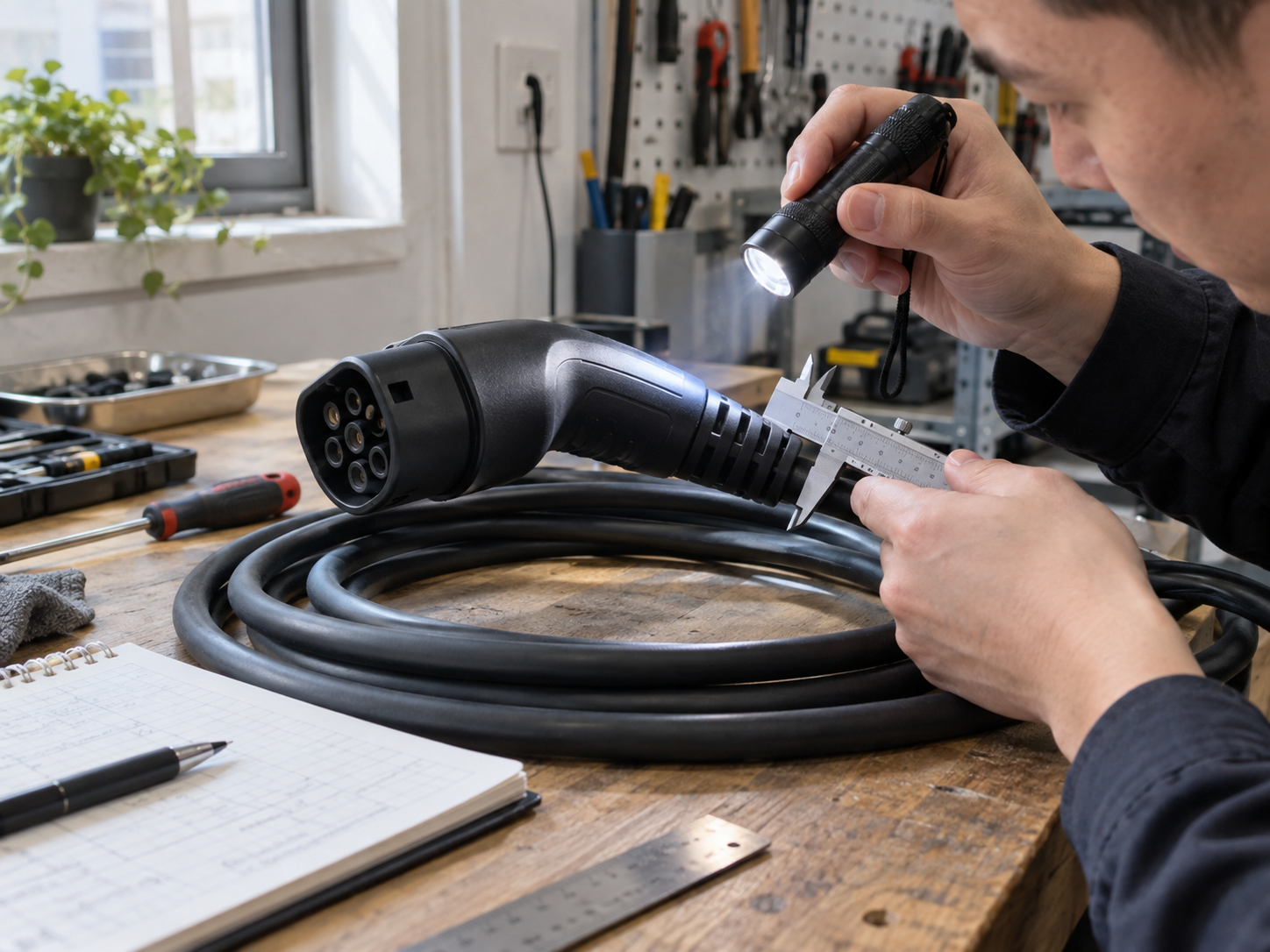 EV Charging Cable Quality Inspection: Fit, Durability, and Sample Approval Checklist 1 Inspector measuring an EV charging cable strain relief and connector with a caliper and flashlight at a workshop bench