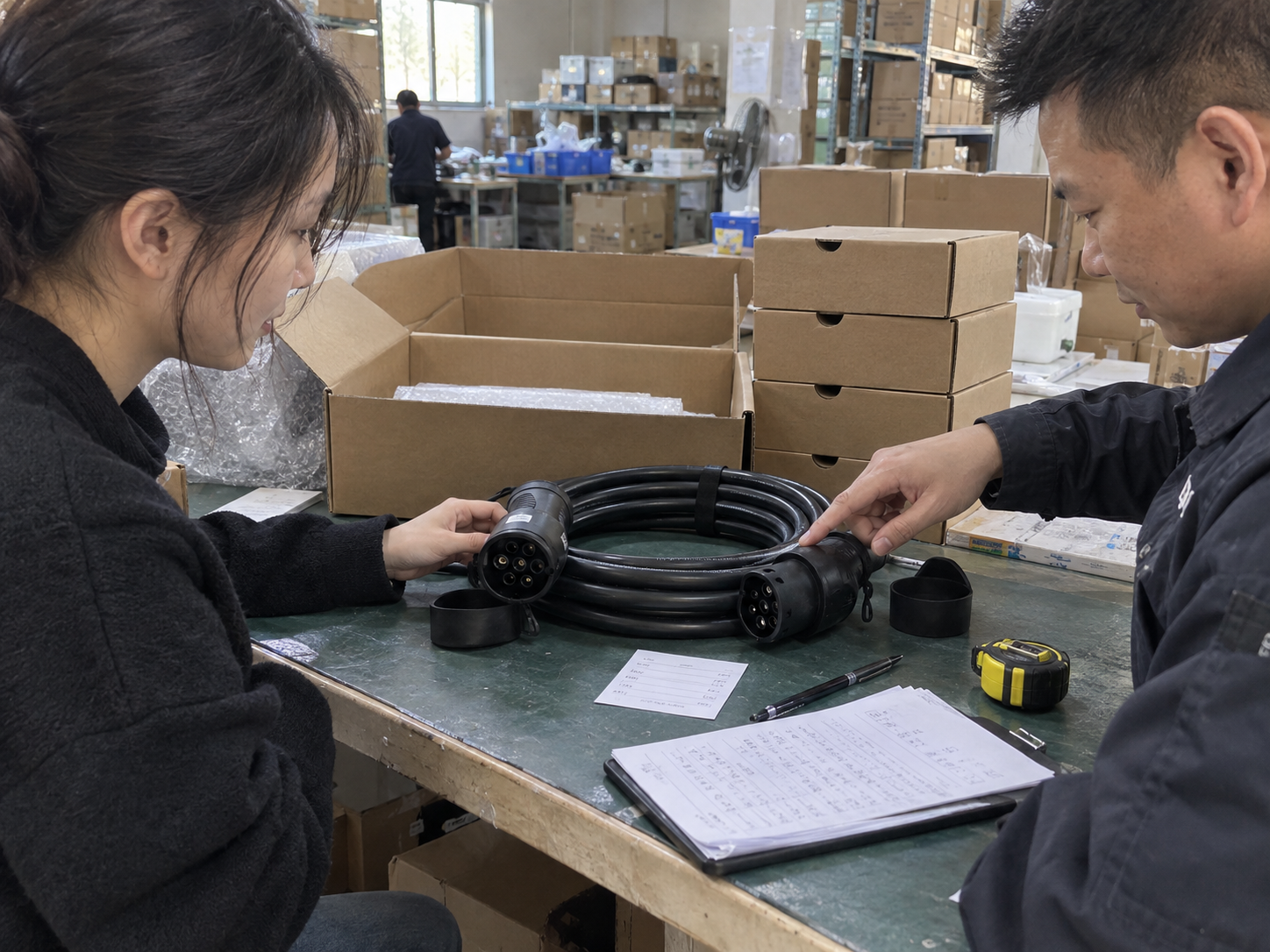 EV Charging Cable Quality Inspection: Fit, Durability, and Sample Approval Checklist 2 Buyer and QC technician approving an EV charging cable sample beside packaging, measuring tools, and inspection notes