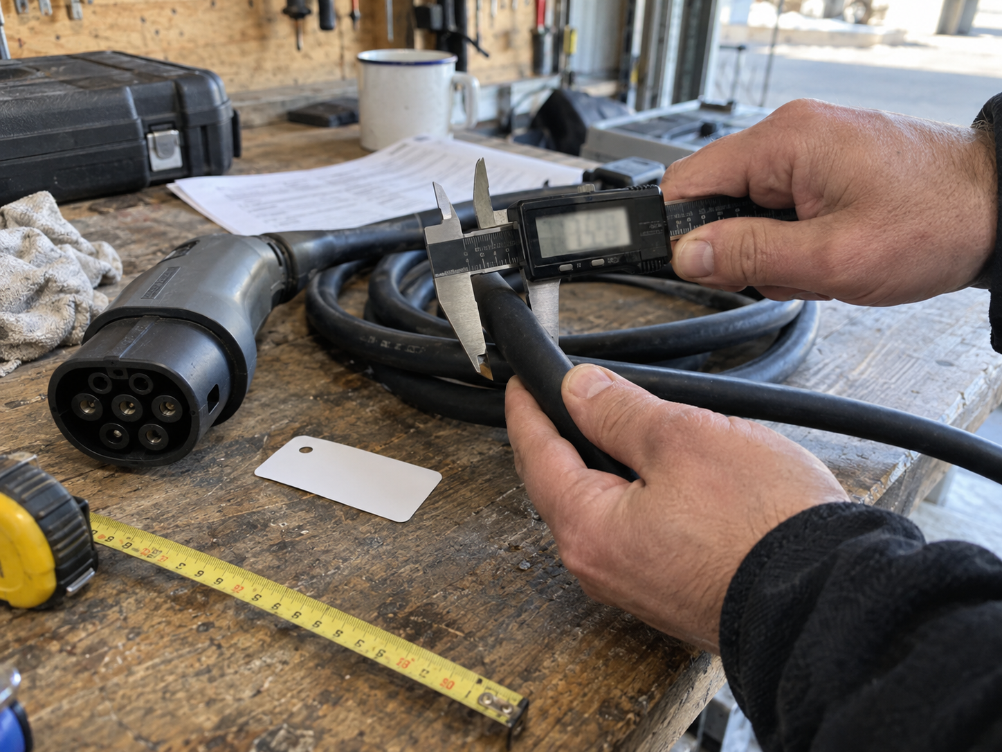 EV Charging Cable Markings Explained: How to Read Ratings, Labels, and Datasheets 3 Technician measuring EV charging cable diameter with a digital caliper