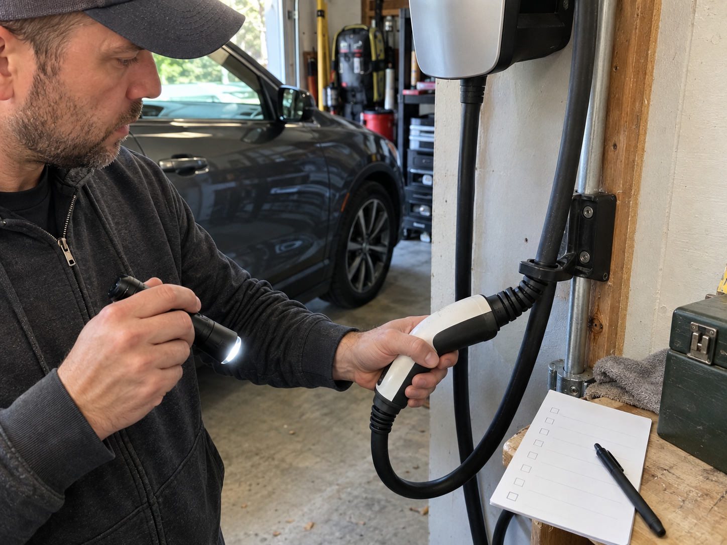 EV Charging Cable Bend Radius and Strain Relief: The Basics 3 Technician inspecting an EV charging cable jacket, connector boot, and wall support point in a garage
