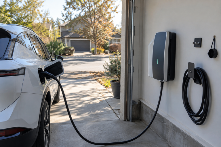 Carga de vehículo eléctrico junto a un EVSE montado en pared con accesorios de almacenamiento de cable