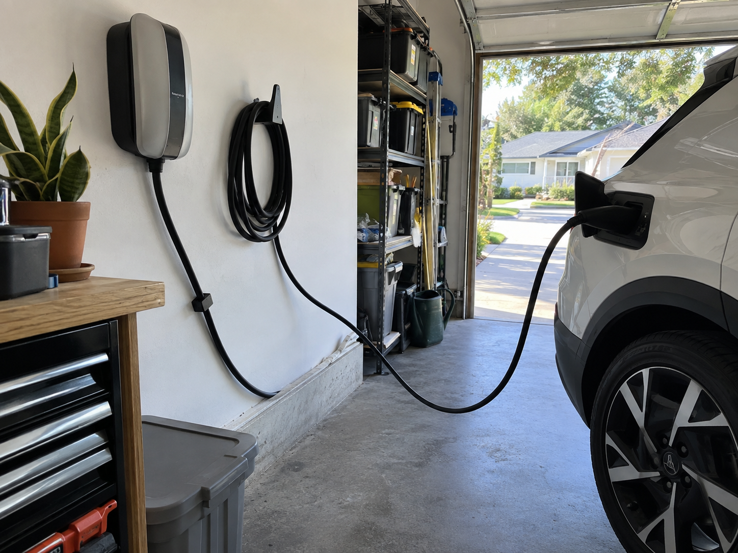 EV Charging Cable Bend Radius and Strain Relief: The Basics 2 EV charging cable supported on a wall hook and routed in a gentle curve from a residential wallbox