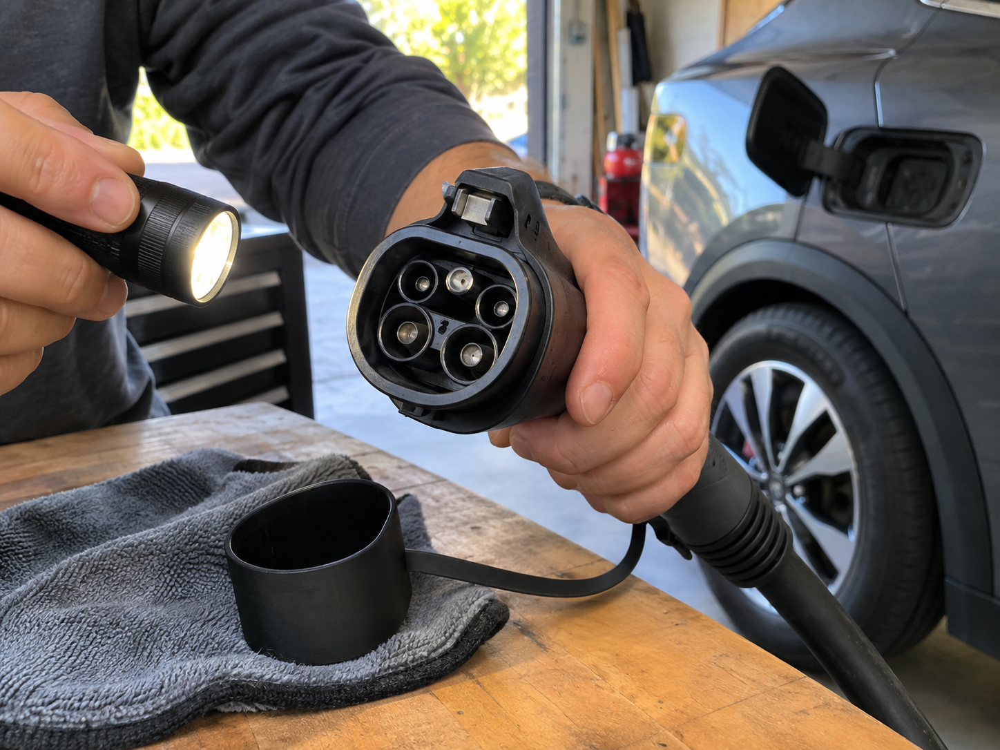 How to Clean and Care for EV Charging Accessories Safely 2 Technician inspecting a disconnected EV charging connector face, latch, boot, and cap with a flashlight