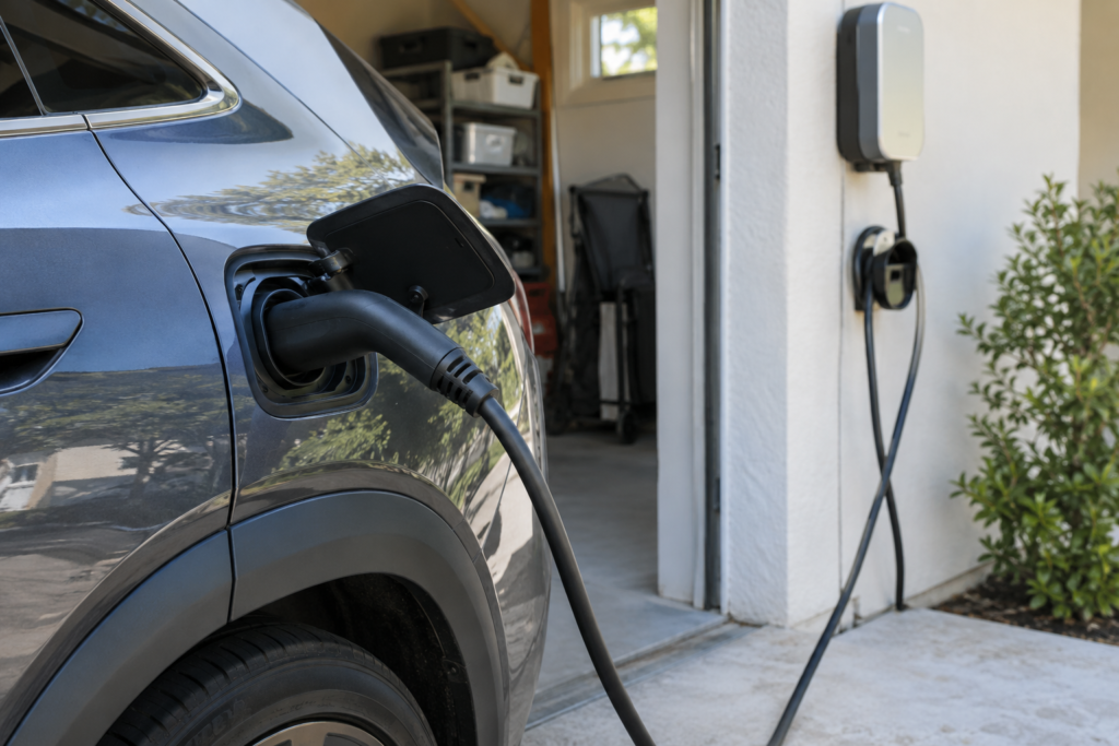 EV charging connector seated in a vehicle inlet beside a home charger and cable holder