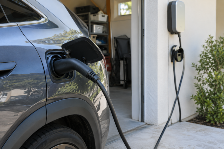 EV charging connector seated in a vehicle inlet beside a home charger and cable holder