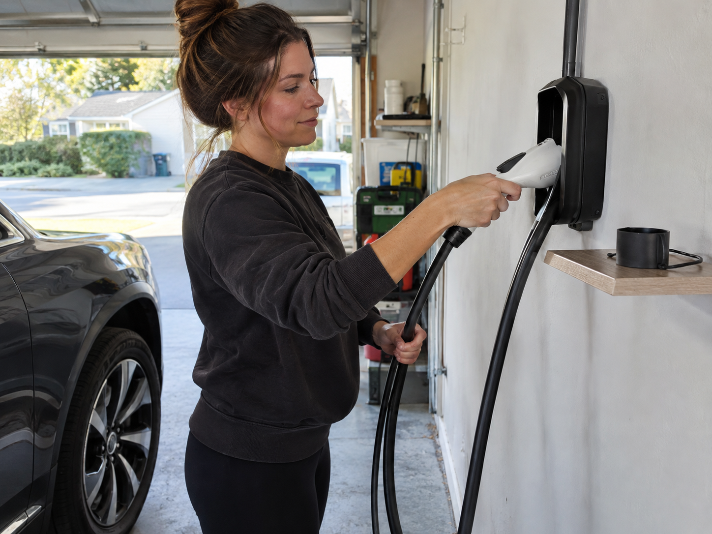 How EV Charging Connector Locking Mechanisms Work 3 Homeowner returning an EV charging connector to a wall holster with a protective cap nearby