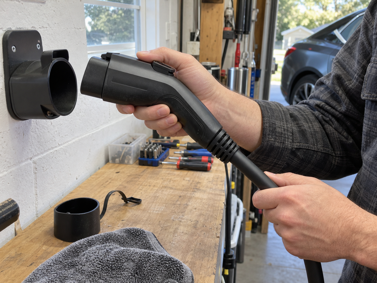 How EV Charging Connector Locking Mechanisms Work 2 Installer checking an EV charging connector latch and strain-relief area beside a wall holster