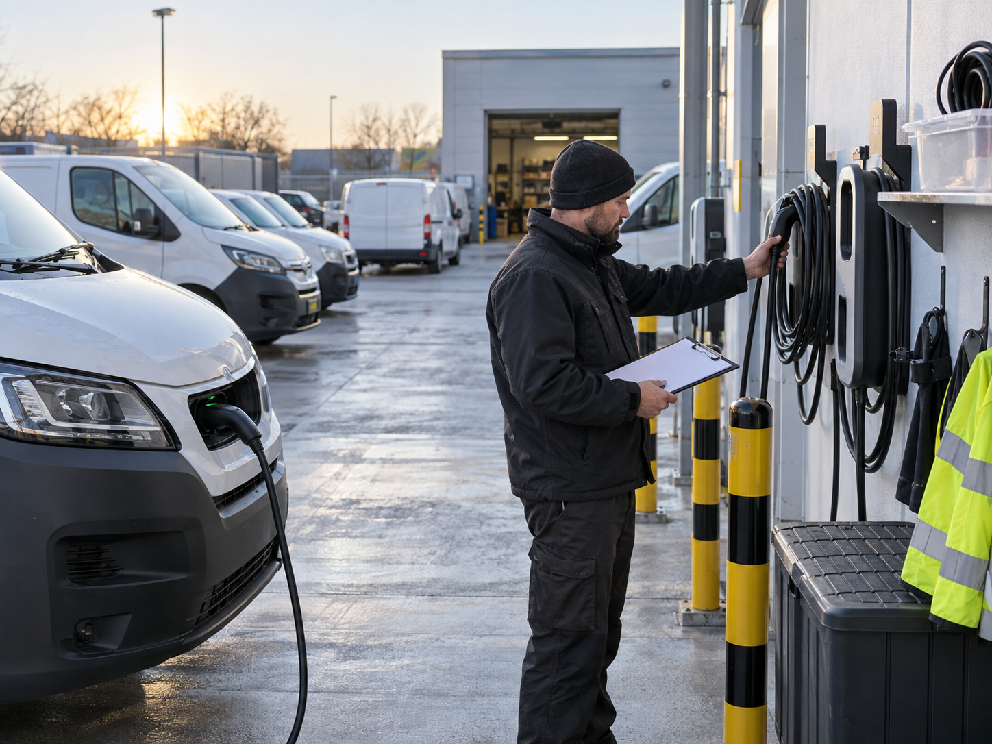 EV Charging Accessories by Parking Site: Home, Workplace, Public, and Depot Needs 3 Fleet technician inspecting EV charging cables on wall holders beside electric vans at a depot