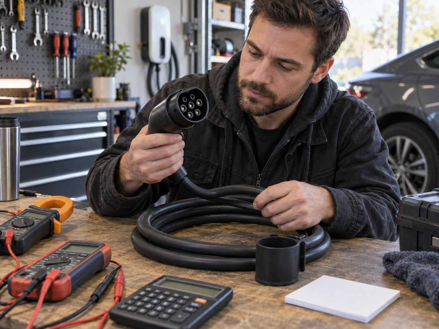 EV Charging Amps, Volts, and Kilowatts Explained for Accessory Buyers 1 Technician inspecting an assembled EV charging cable beside a clamp meter and blank specification card